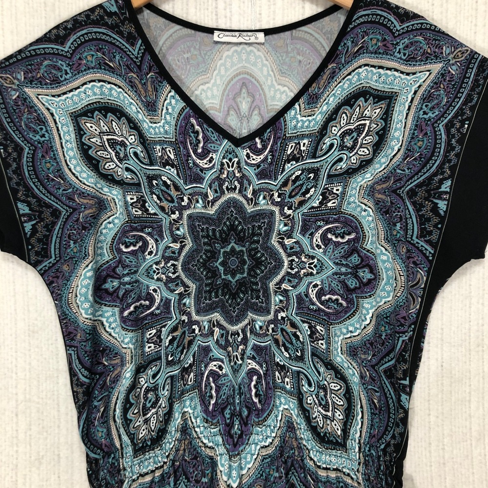 Claudia Richards‎ Women's Butterfly Sleeve V Neck Top Mandala Print Black Purple
